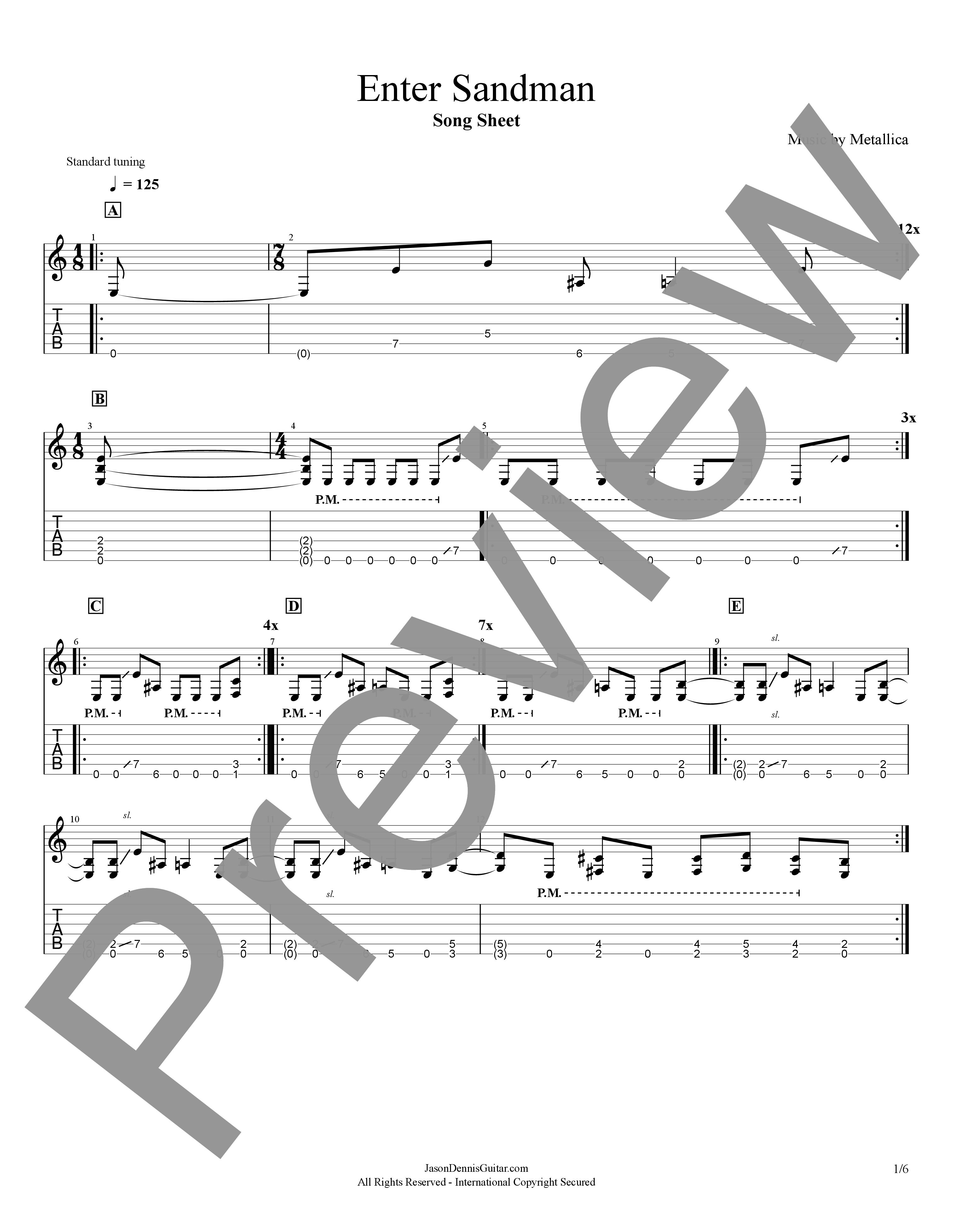 Enter Sandman by Metallica | Song Sheet
