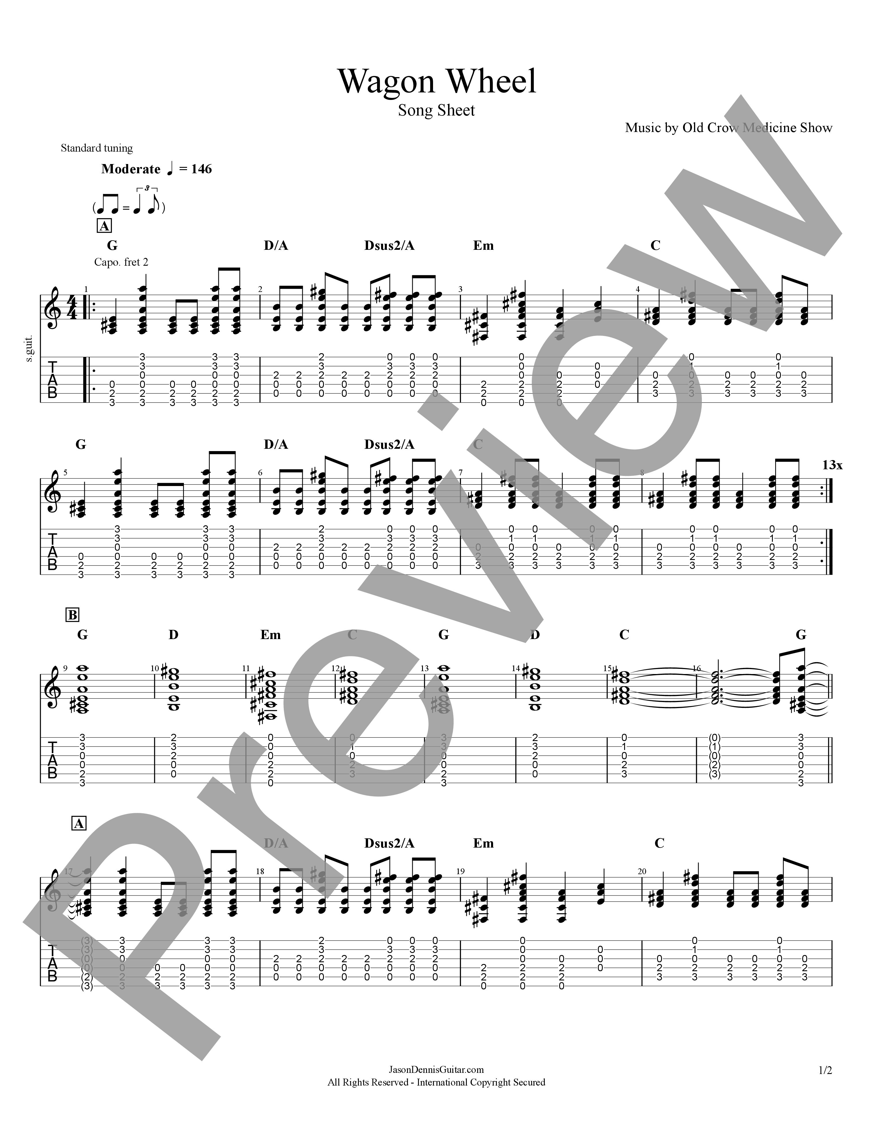 Wagon Wheel by Old Crow Medicine Show | Song Sheet