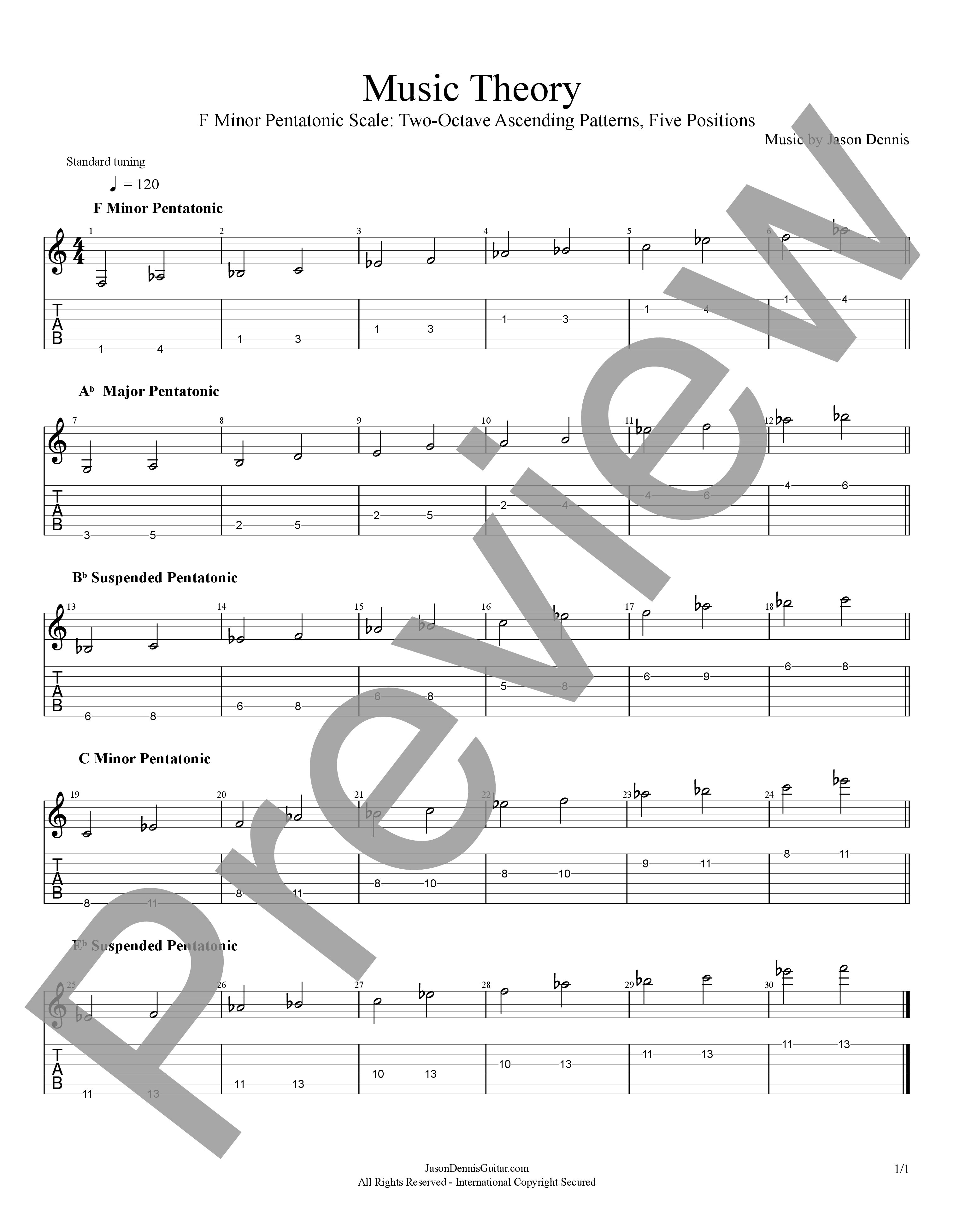 F Minor Pentatonic Scale | Two-Octave Ascending Patterns | Five Positions | Music Theory