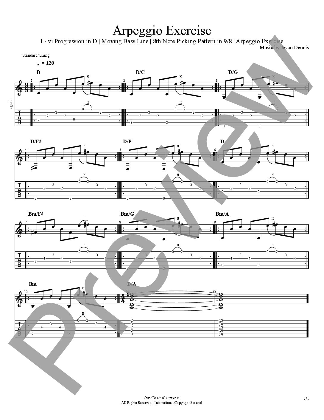 I - vi Progression in D | Walking Bass Line | 8th Note Picking in 9/8 | Arpeggio Exercise