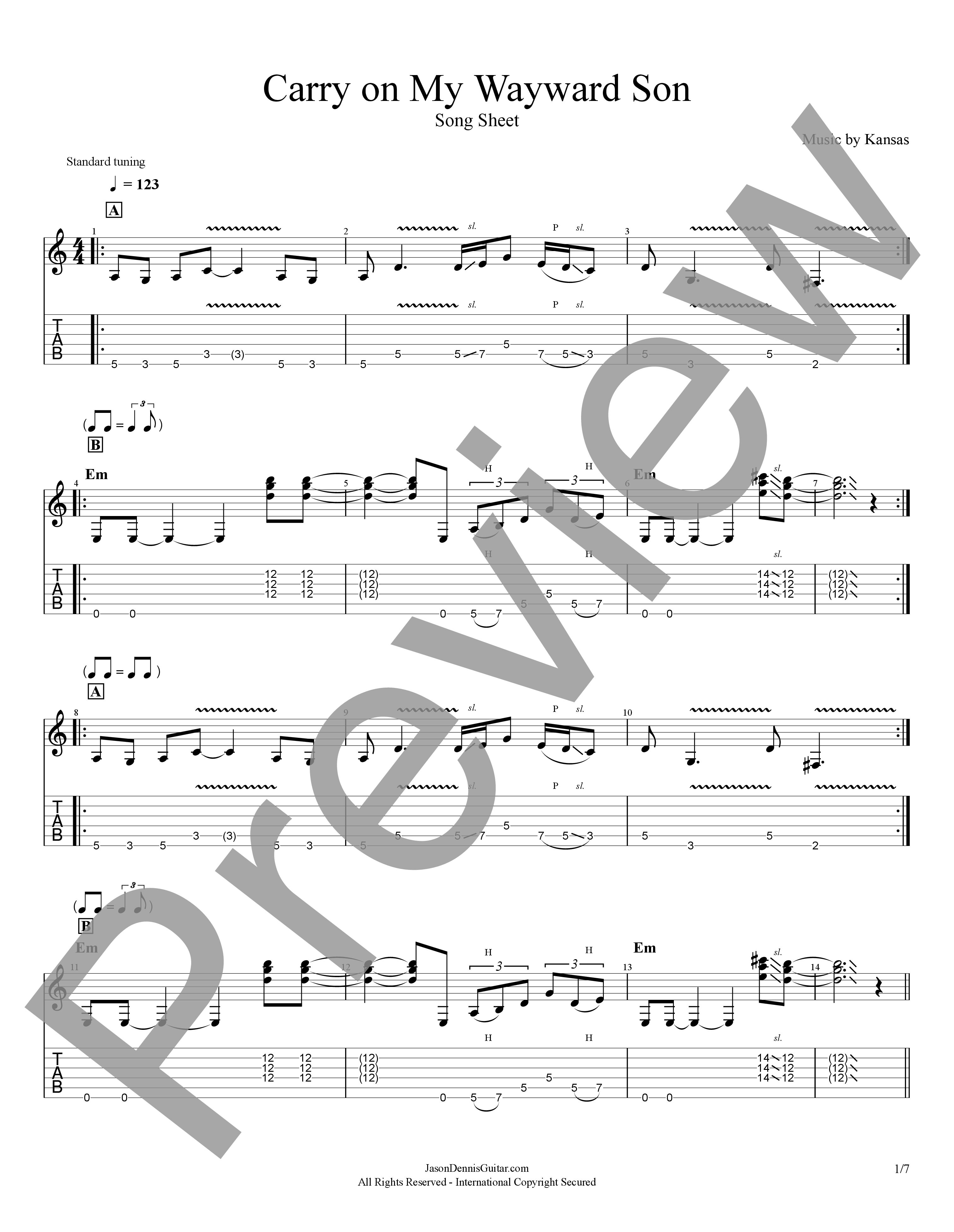 Carry on My Wayward Son by Kansas | Song Sheet