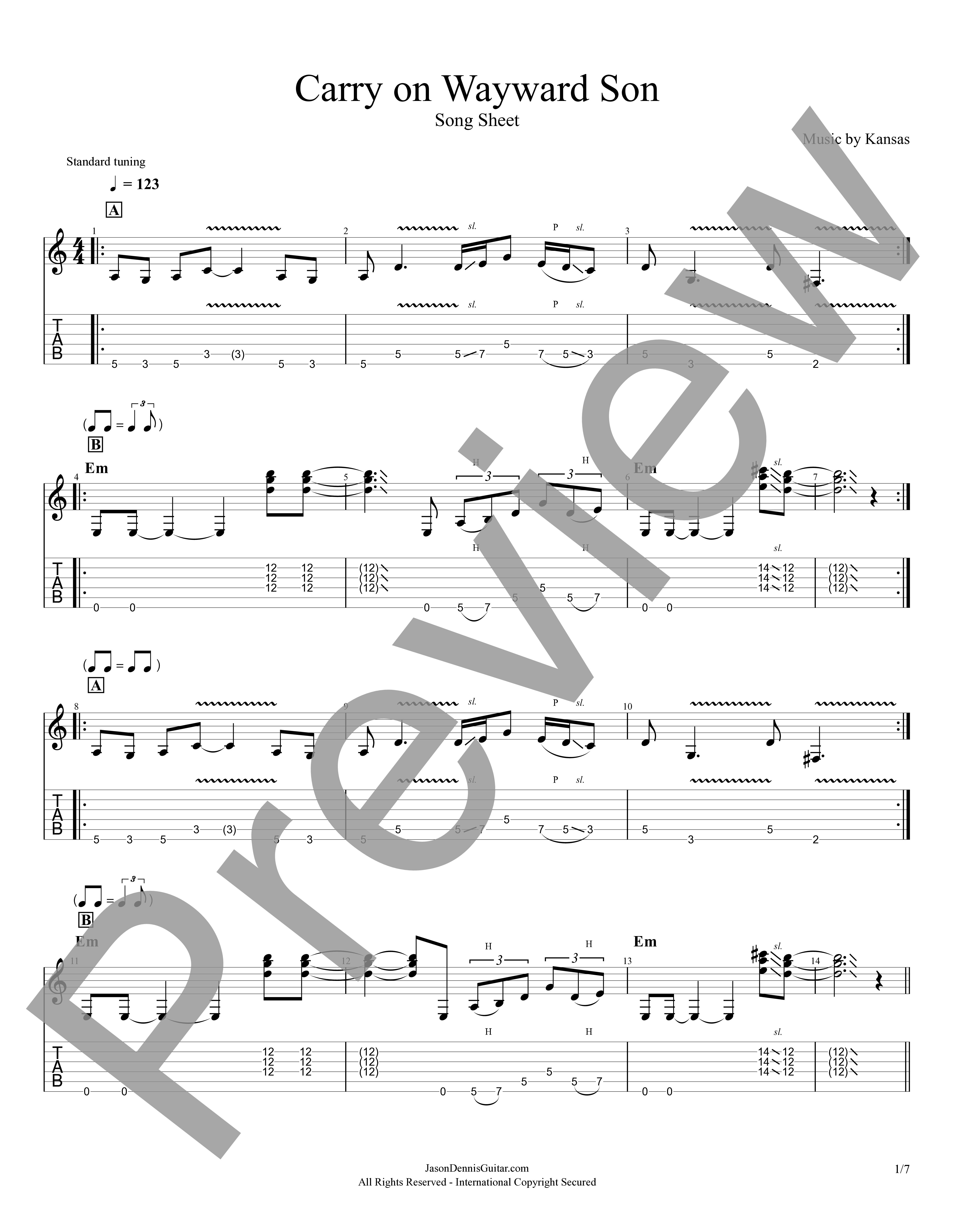 Carry on Wayward Son by Kansas | Song Sheet