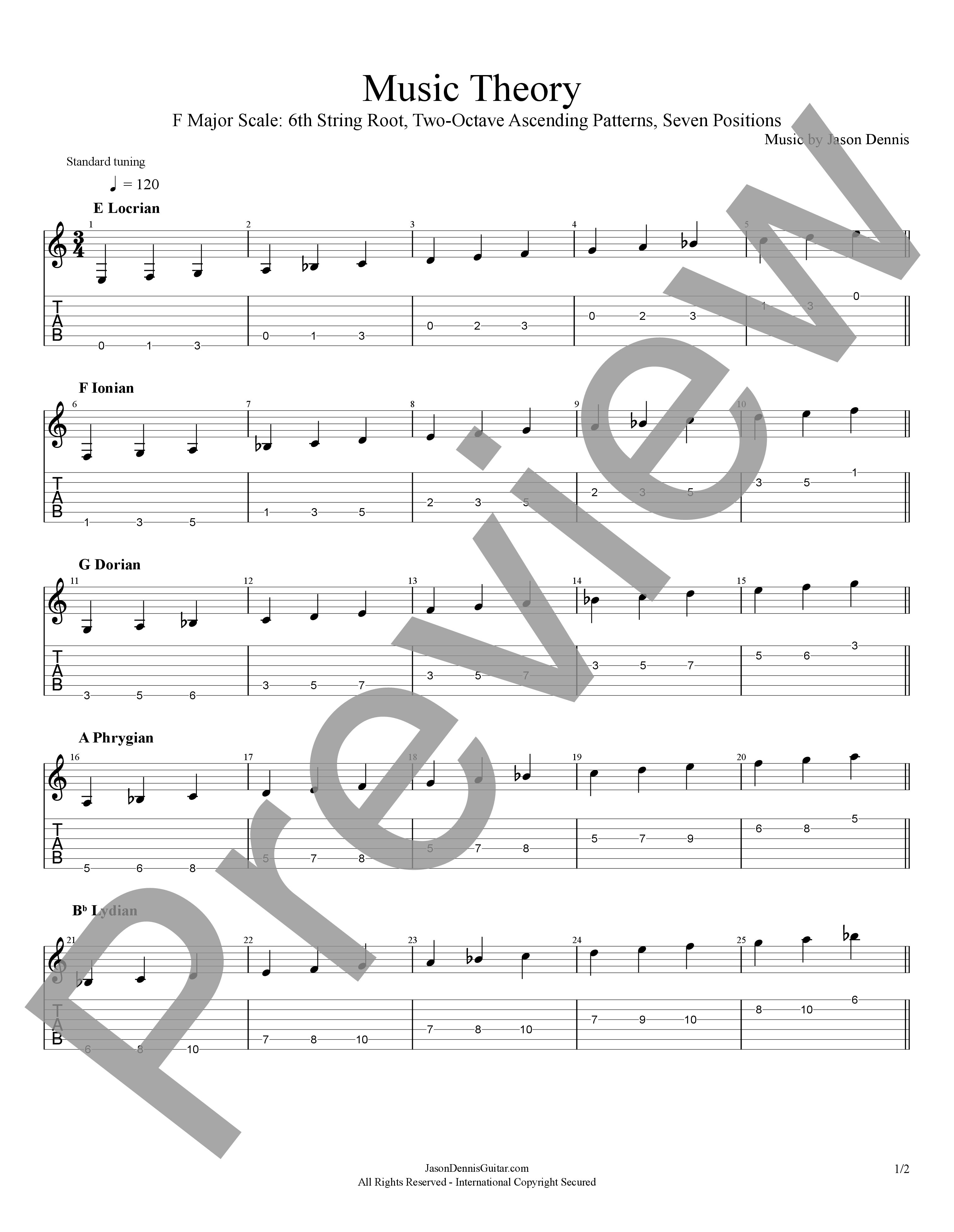 F Major Scale: 6th String Root | Two-Octave Ascending Patterns | Seven Positions | Music Theory