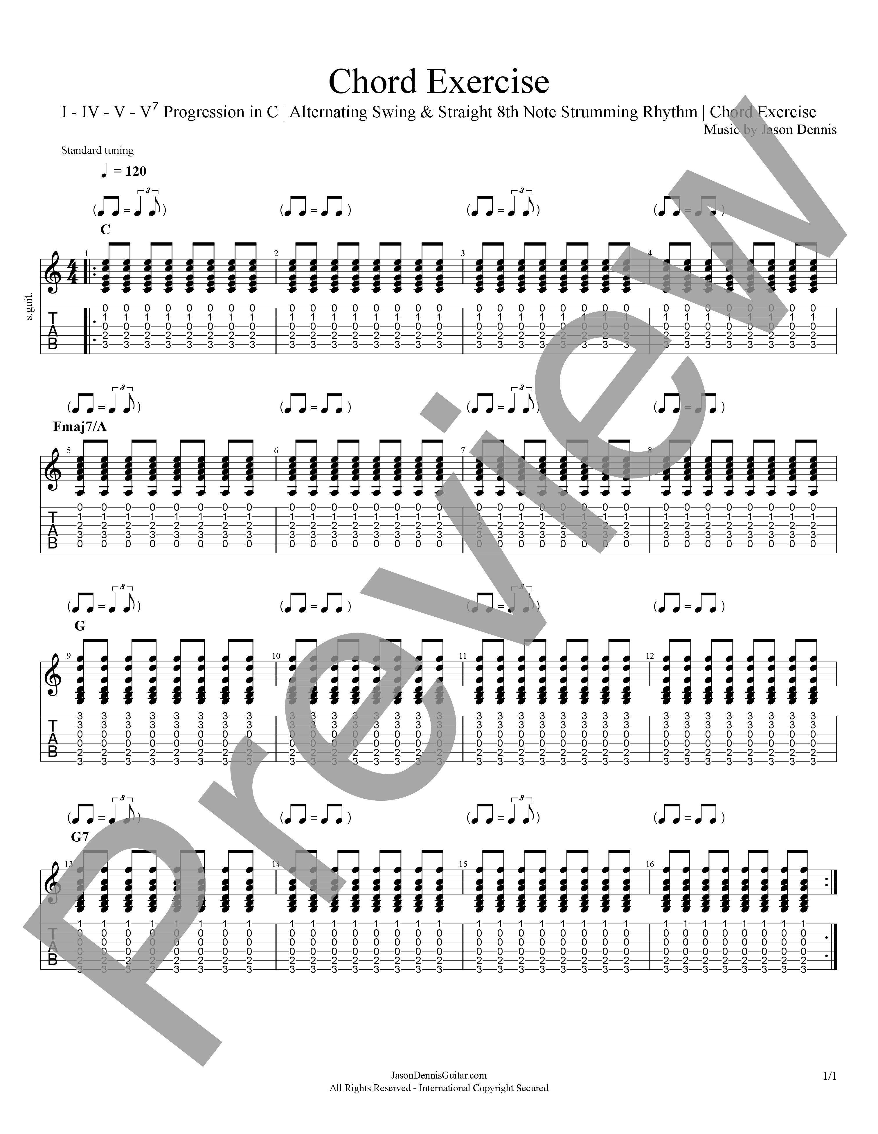 I - IV - V - V⁷ Progression in C | Alternating Swing & Straight 8th Note Strumming Rhythm | Chord Exercise
