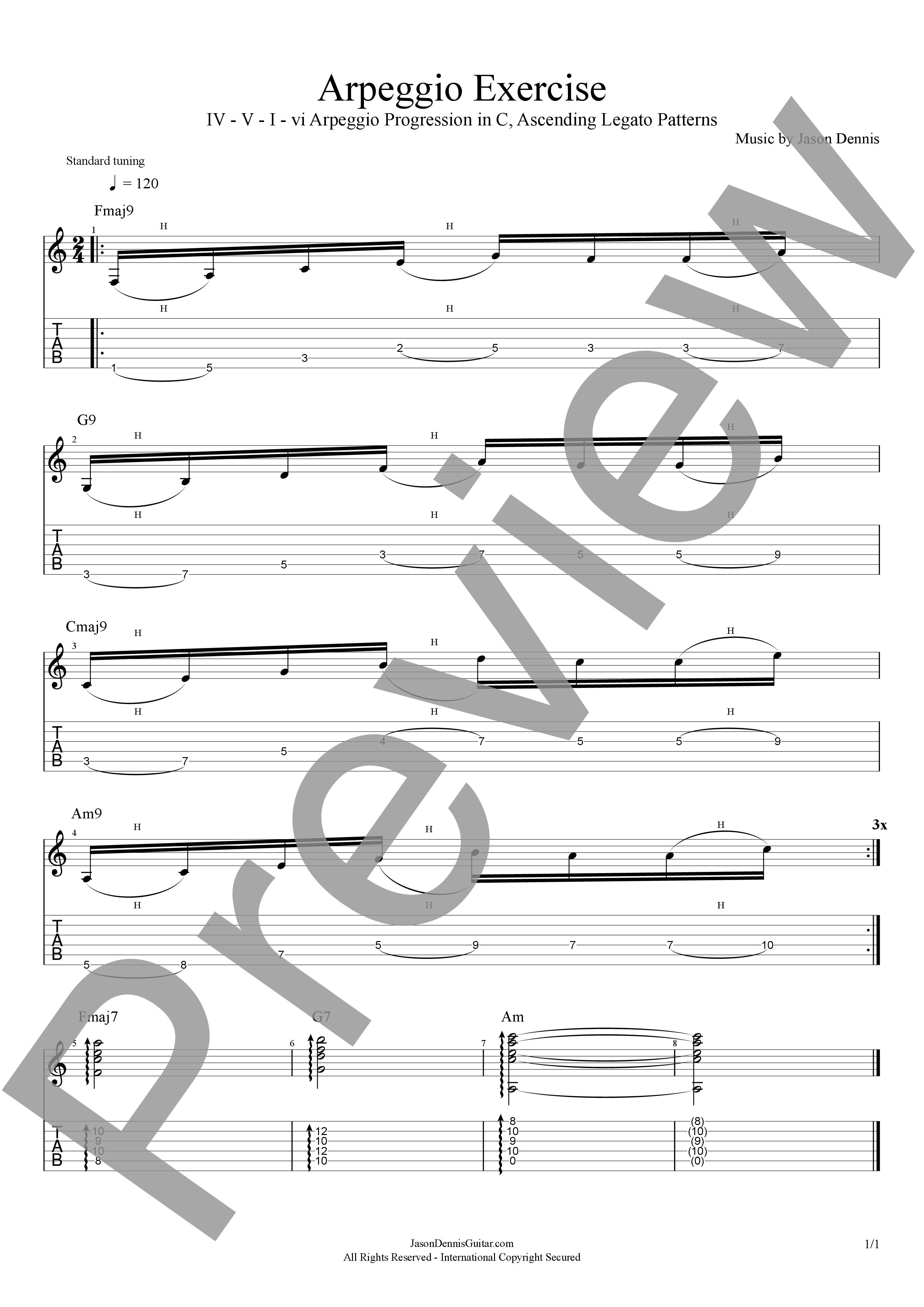 IV - V - I - vi Arpeggio Progression in C, Ascending Legato Patterns | Exercise
