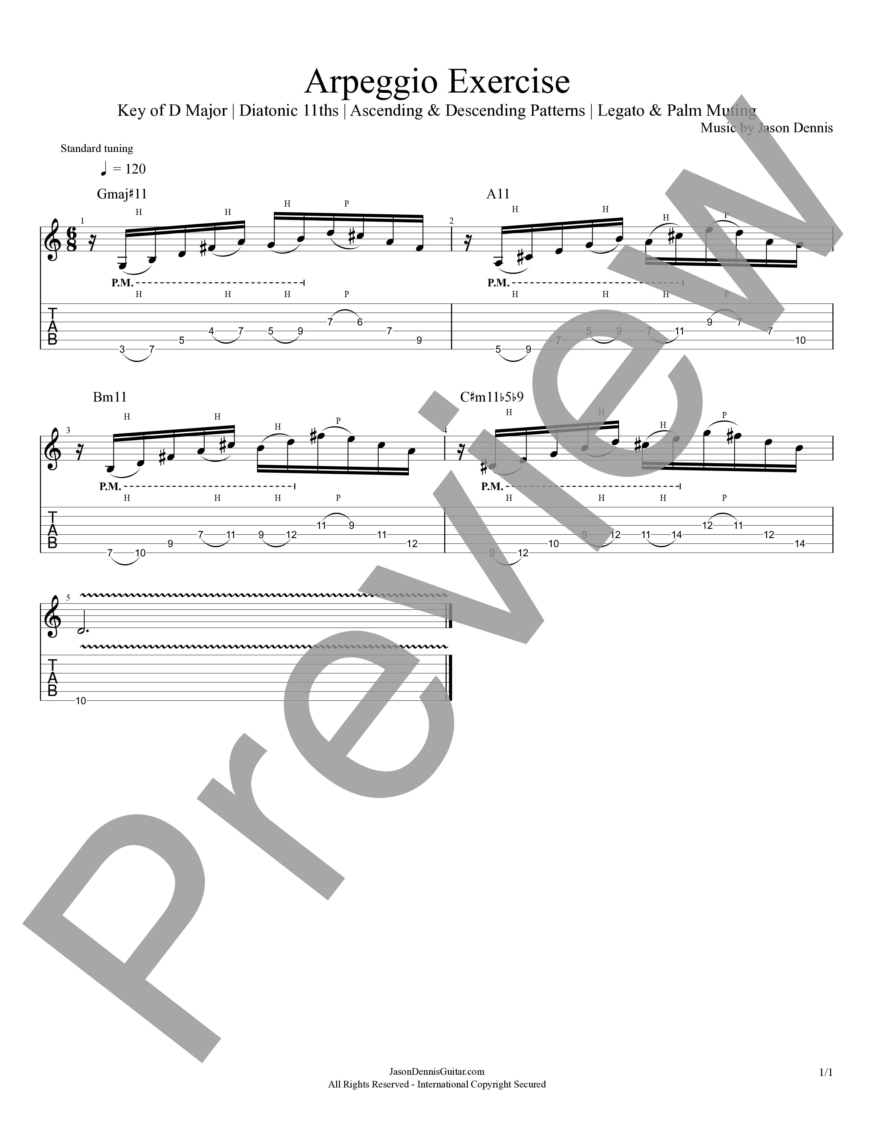 Key of D Major | Diatonic 11ths | Ascending & Descending Patterns | Legato & Palm Muting | Arpeggio Exercise