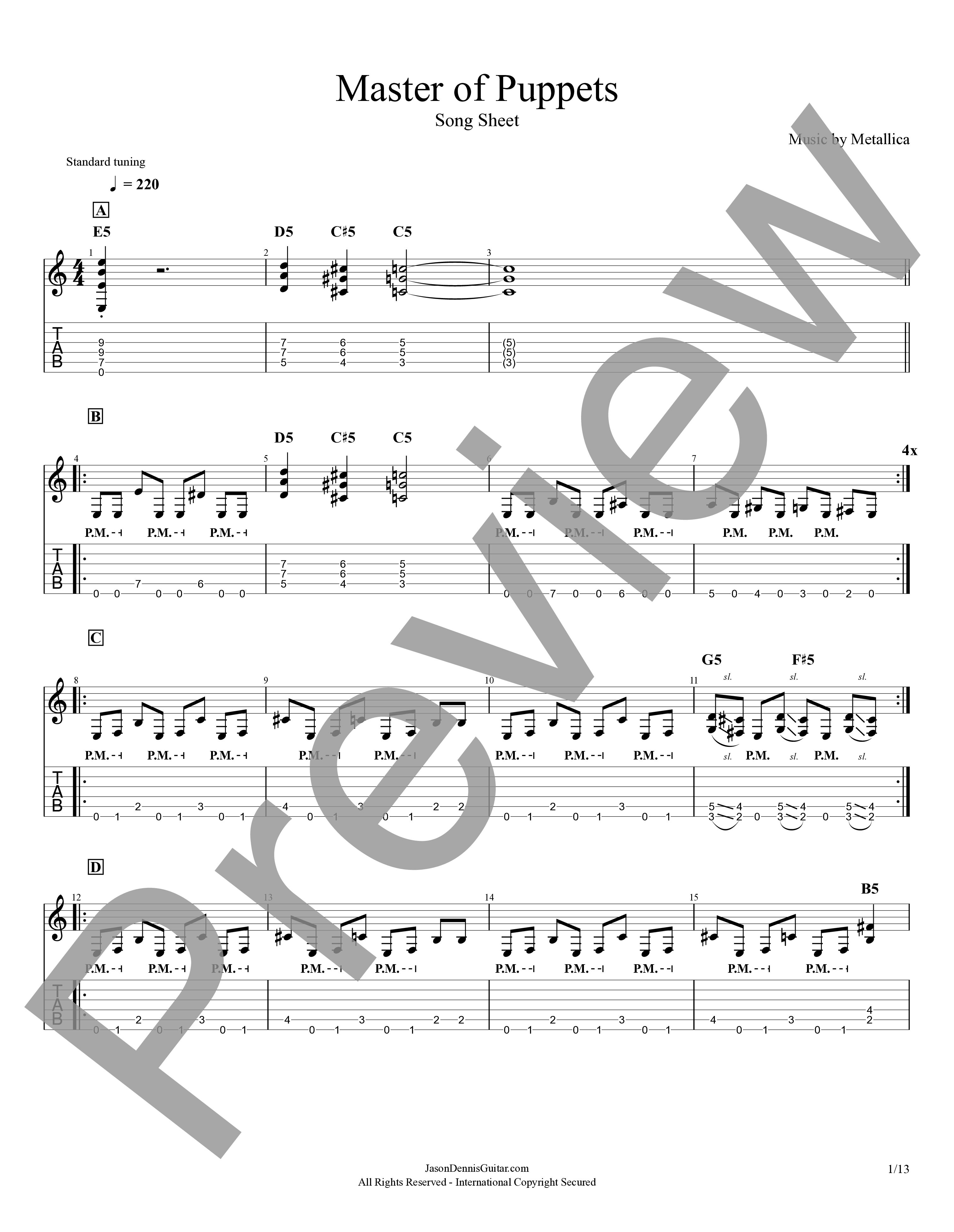 Master of Puppets by Metallica | Song Sheet