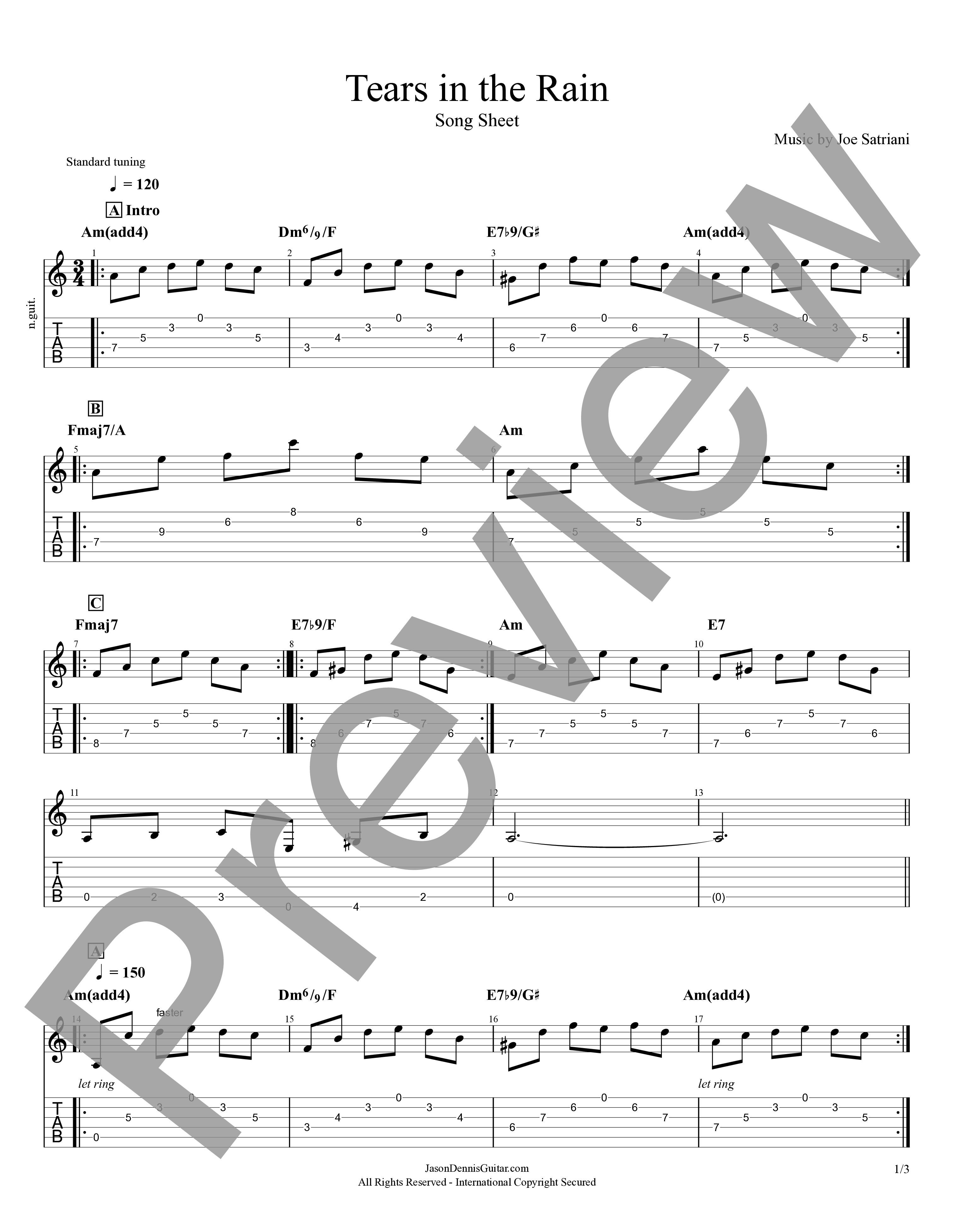 Tears in the Rain by Joe Satriani | Song Sheet