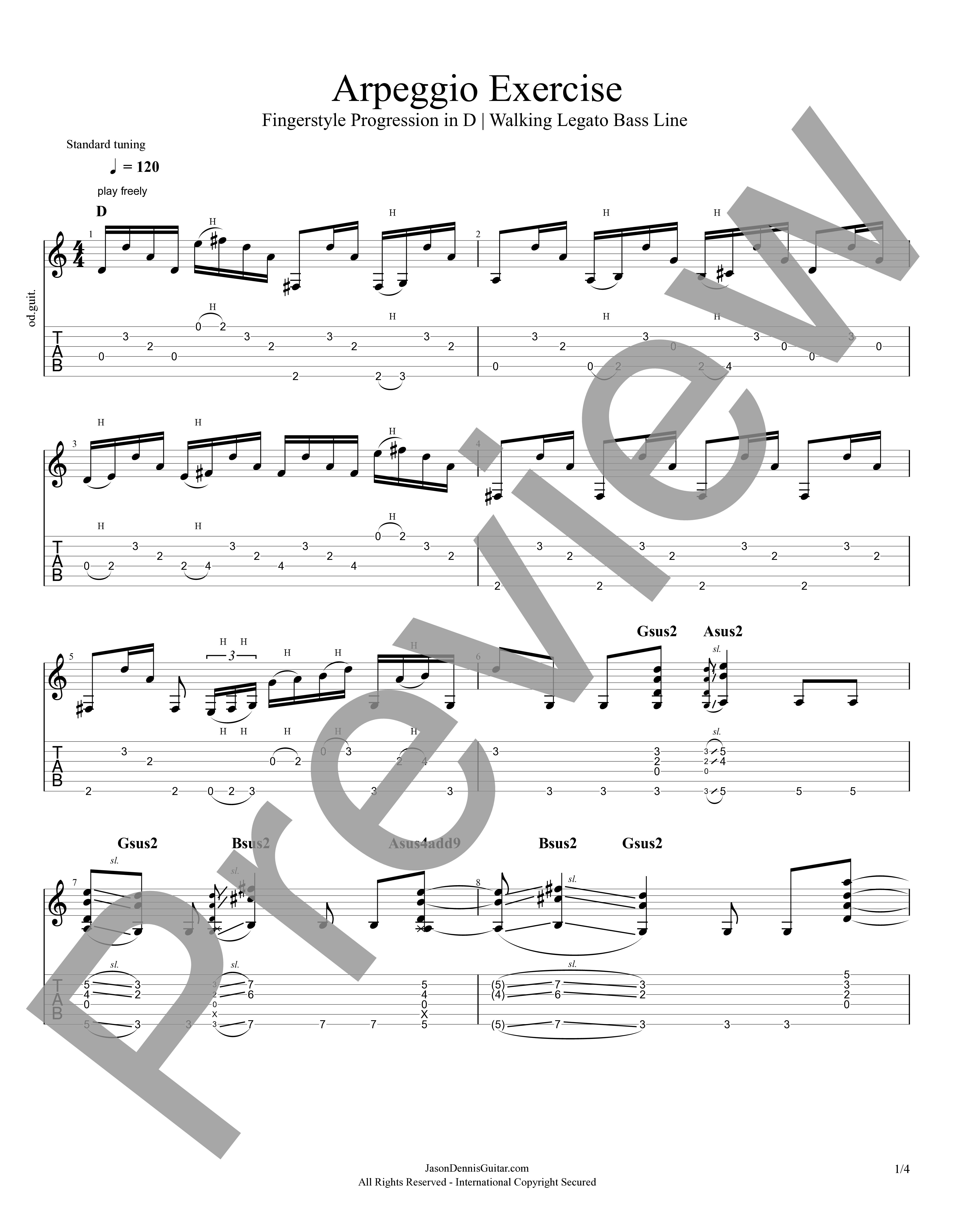 Arpeggio Exercise | Fingerstyle Progression in D | Walking Legato Bass Line